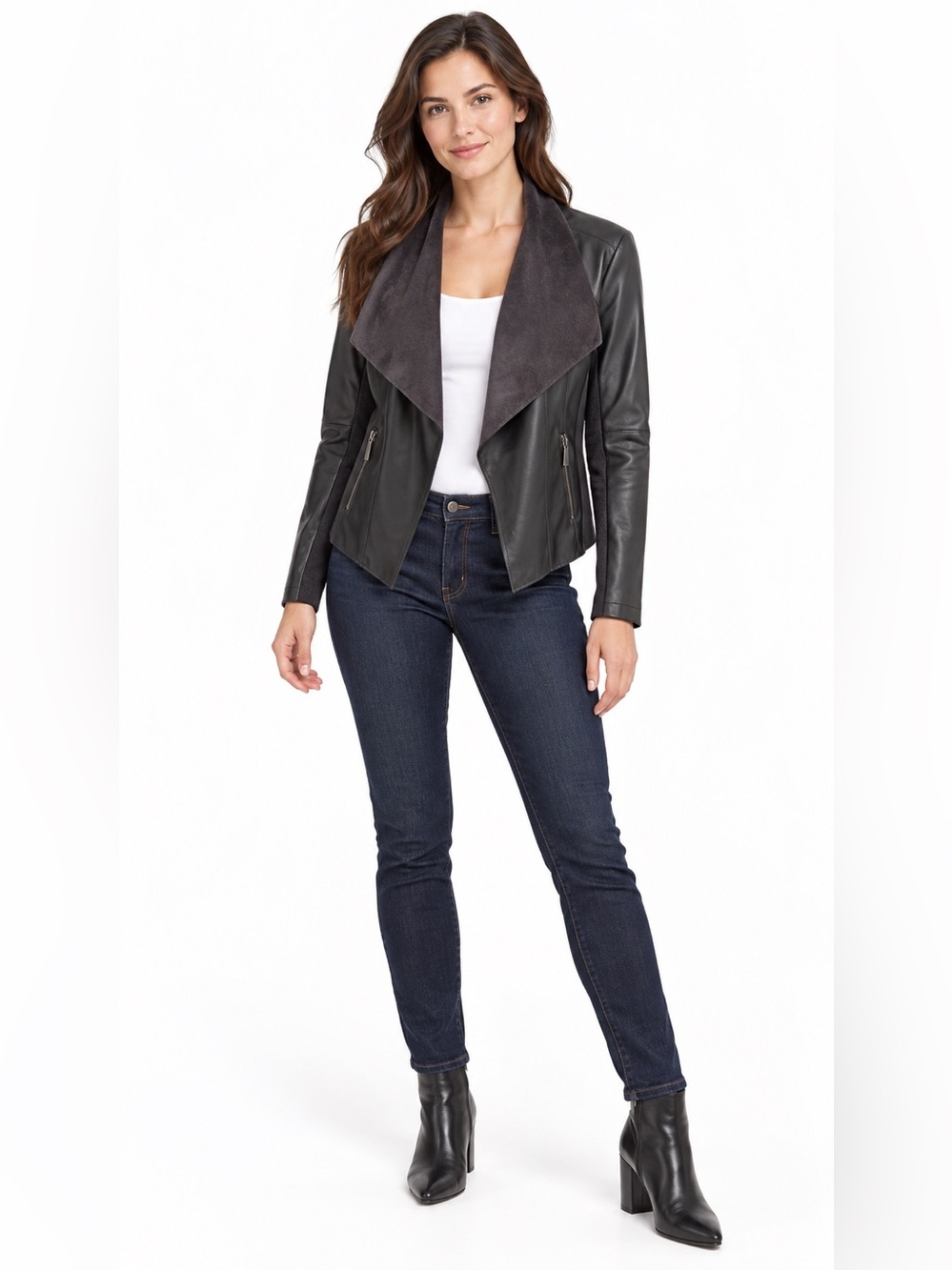 Bar III Black Draped Faux Leather Moto Jacket